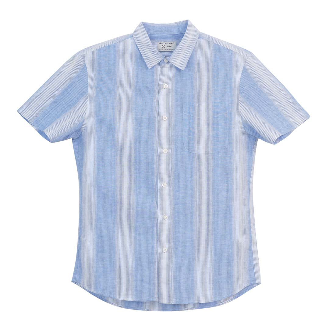 GIORDANO Men's Linen Cotton Poplin Short Sleeves Stripe Shirt (01046412)