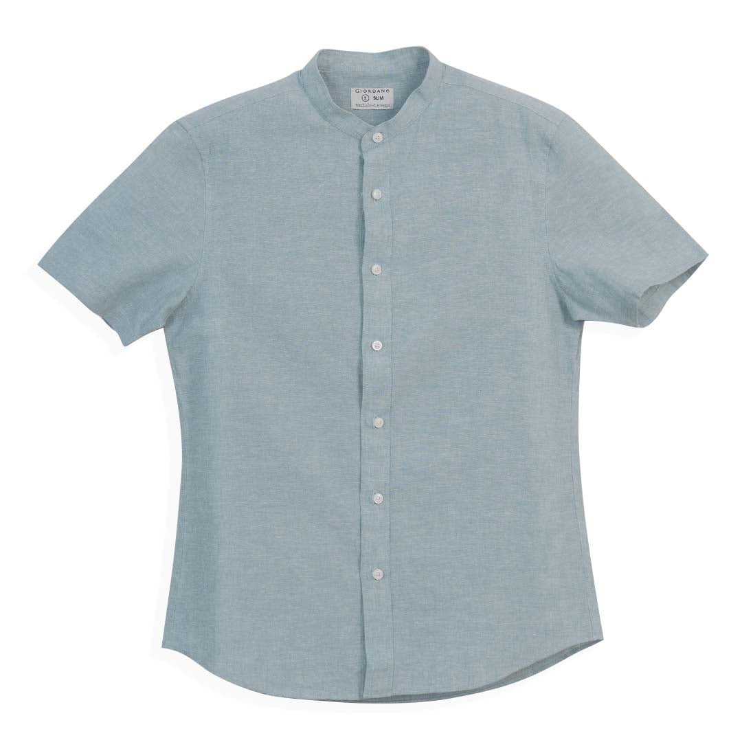 GIORDANO Men's Linen Cotton Poplin Band Collar Short Sleeves Slim Fit Shirt (01046214)