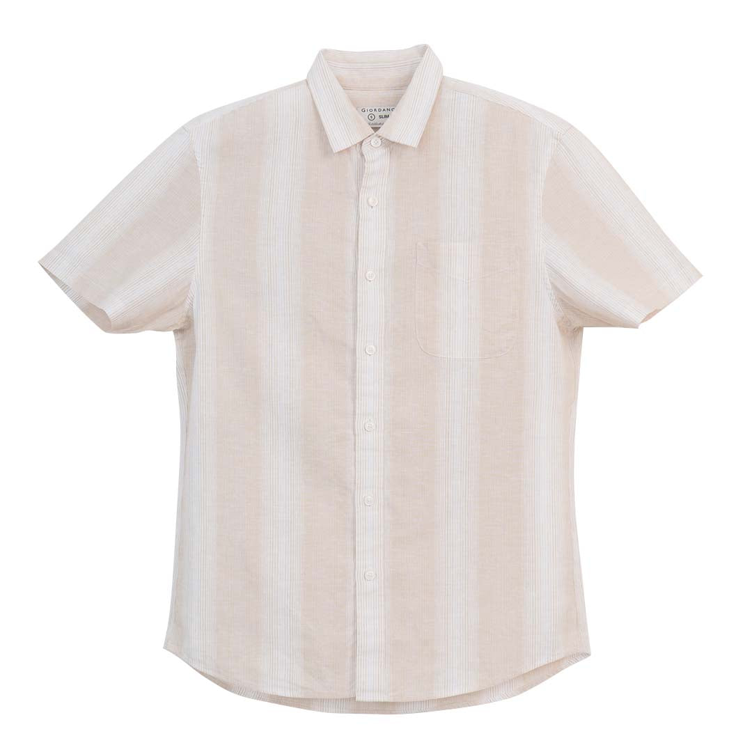 GIORDANO Men's Linen Cotton Poplin Short Sleeves Stripe Shirt (01046412)