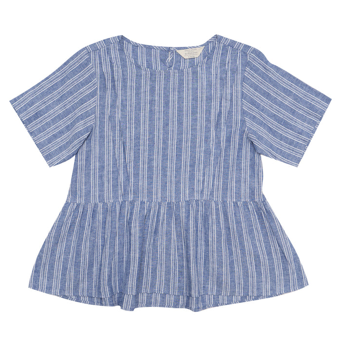 GIORDANO Women's Linen Cotton Dobby Round Neck Short Sleeve Comfort Fit Shirt in blue and white stripes