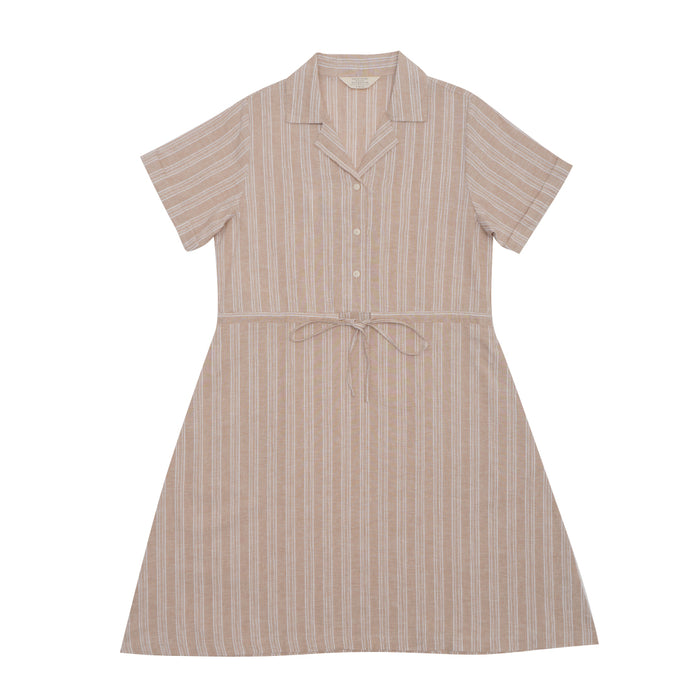 GIORDANO Women's Linen Cotton Dobby Notch Collar Short Sleeves Comfort Fit with Belt Dress in Khaki x White