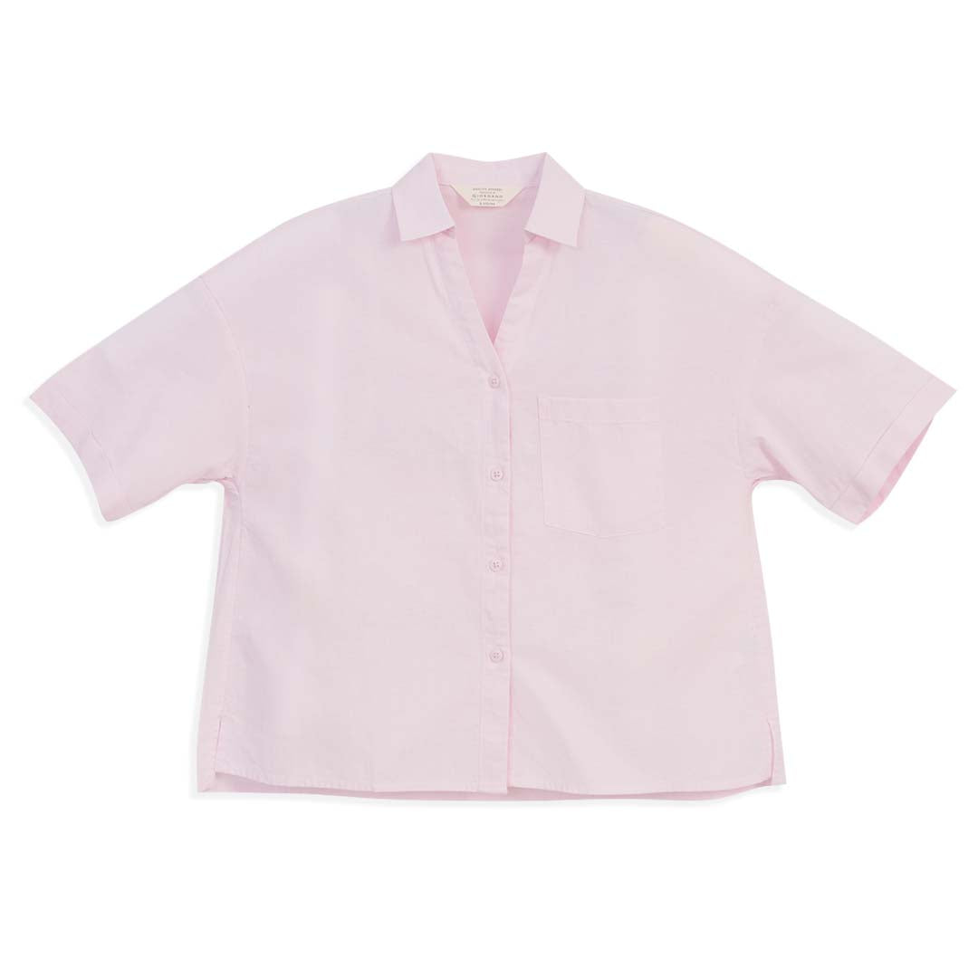 GIORDANO Women's Linen Cotton Poplin V-Neck Short Sleeves Loose Fit Front Placket Shirt (05346209)