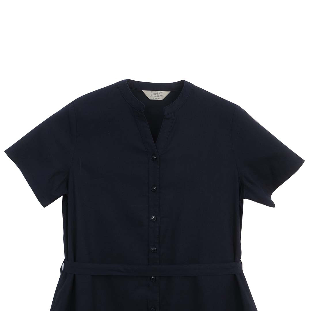 GIORDANO Women's Linen Cotton Poplin V-Neck Short Sleeves Loose Fit Front Placket Dress (05466220)