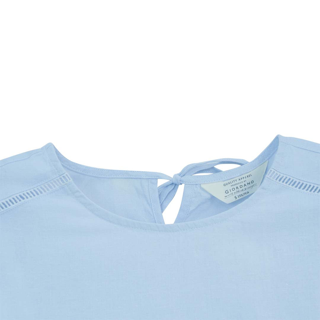 GIORDANO Women's Linen Cotton Poplin Round Neck Short Sleeves Loose Fit Scoop Back Shirt (05346206)