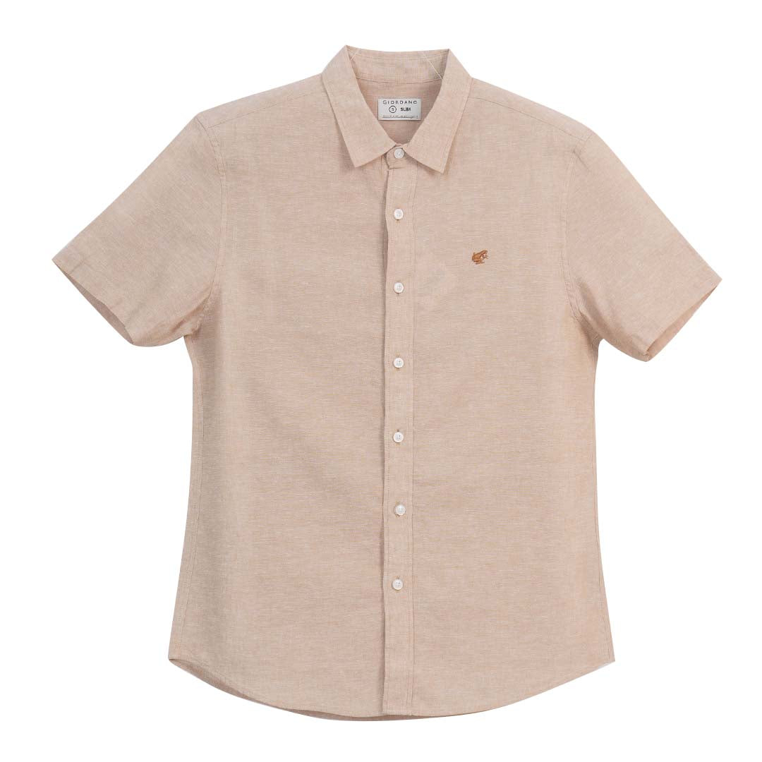 GIORDANO Men's Small Frog Linen Cotton Poplin Short Sleeves Slim Fit Shirt (01046210)