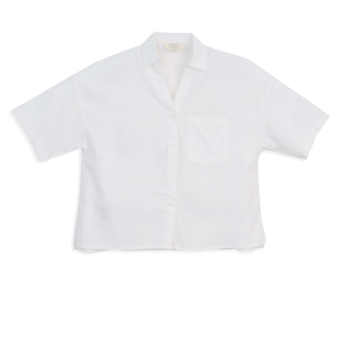 GIORDANO Women's Linen Cotton Poplin V-Neck Short Sleeves Loose Fit Front Placket Shirt (05346209)