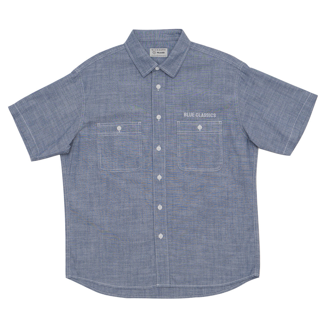 GIORDANO Men's Cotton Chambray Short Sleeves Relax Fit Shirt  (01045232)