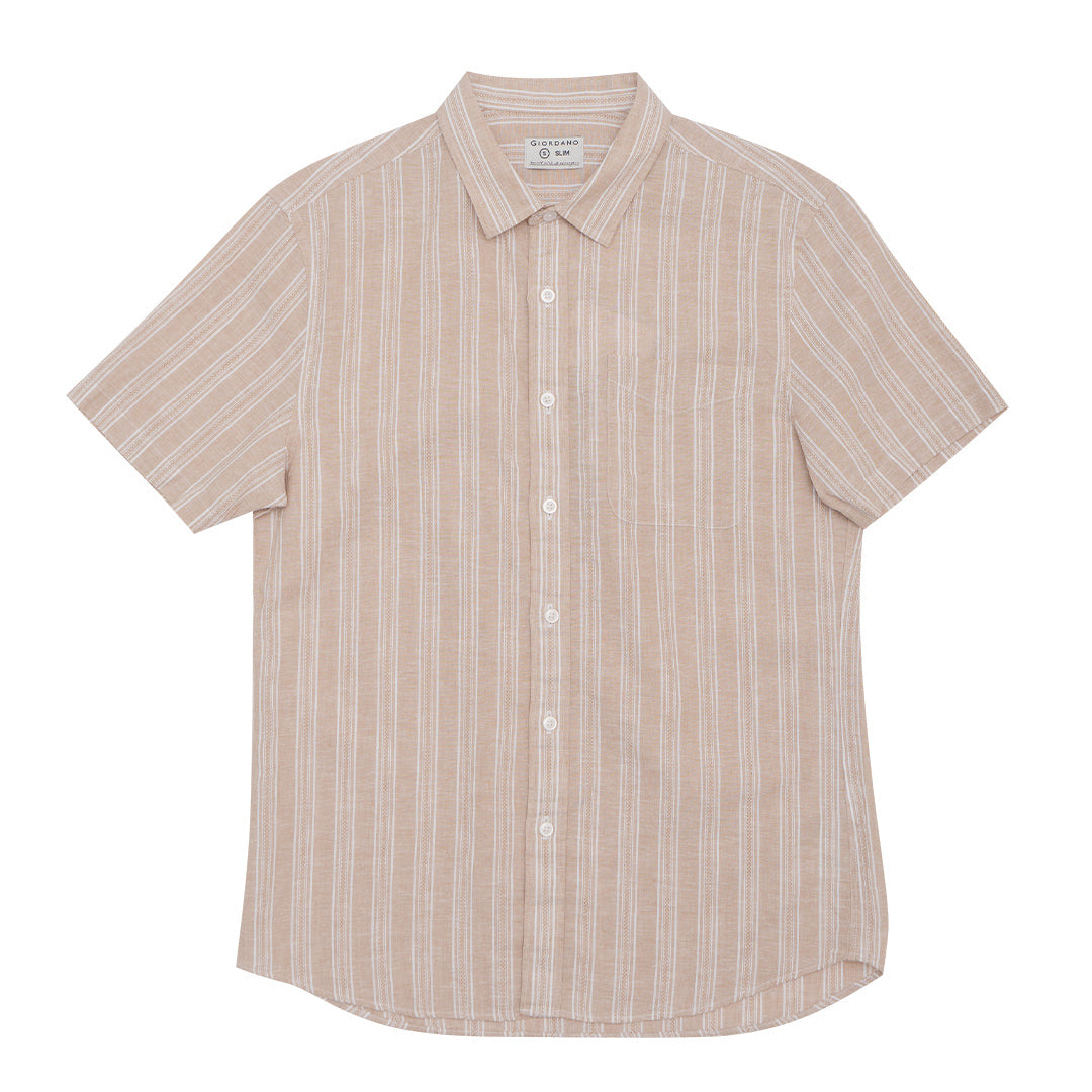 GIORDANO Men's Linen Cotton Poplin Short Sleeves Stripe Shirt (01045242)