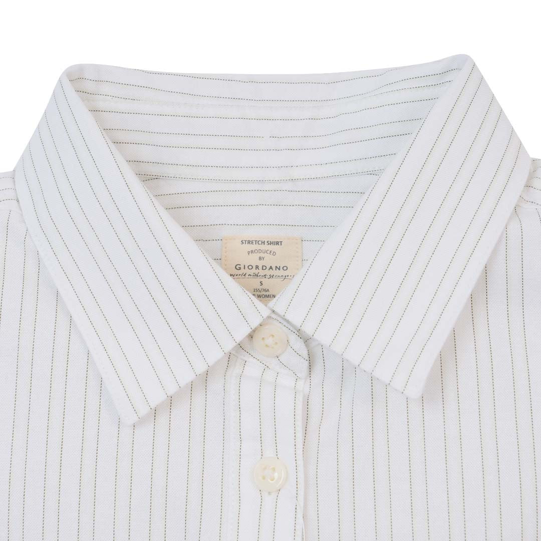 GIORDANO Women's Cotton Lycra Stretch Oxford Acute Collar Short Sleeves Crop Eco Soft Shirt (05346226)