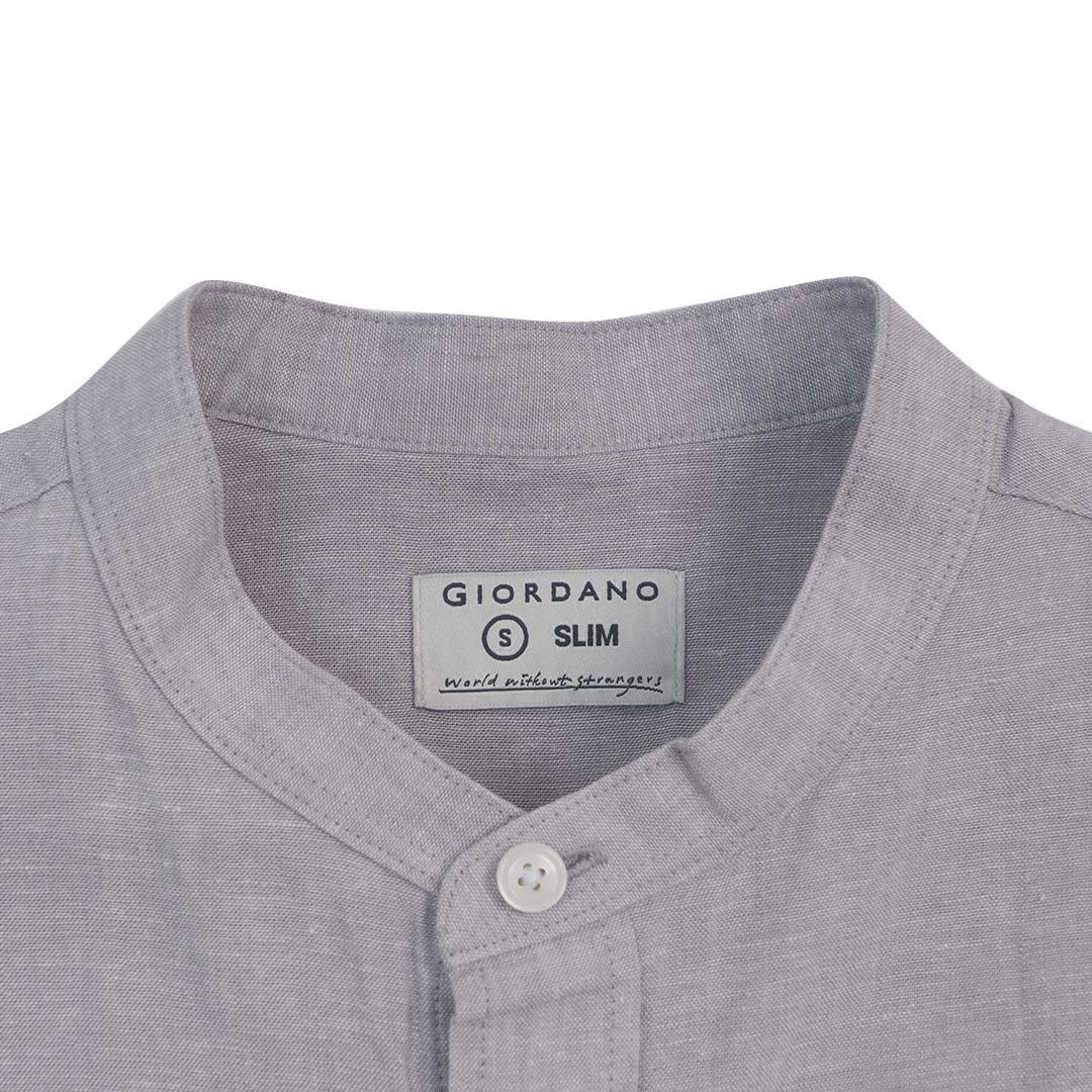 GIORDANO Men's Linen Cotton Poplin Band Collar Short Sleeves Slim Fit Shirt (01046214)