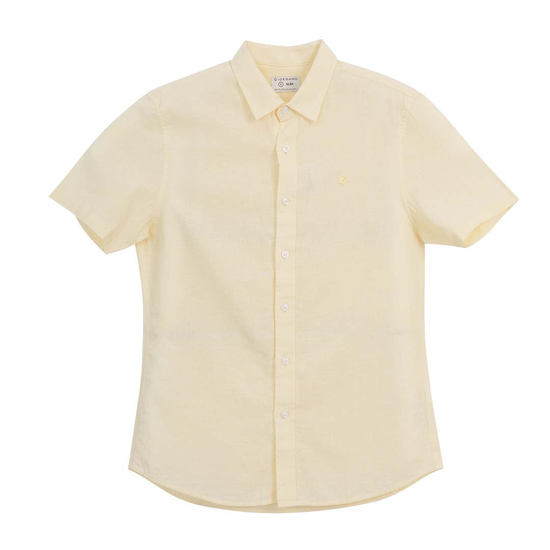 GIORDANO Men's Small Frog Linen Cotton Poplin Short Sleeves Slim Fit Shirt (01046210)