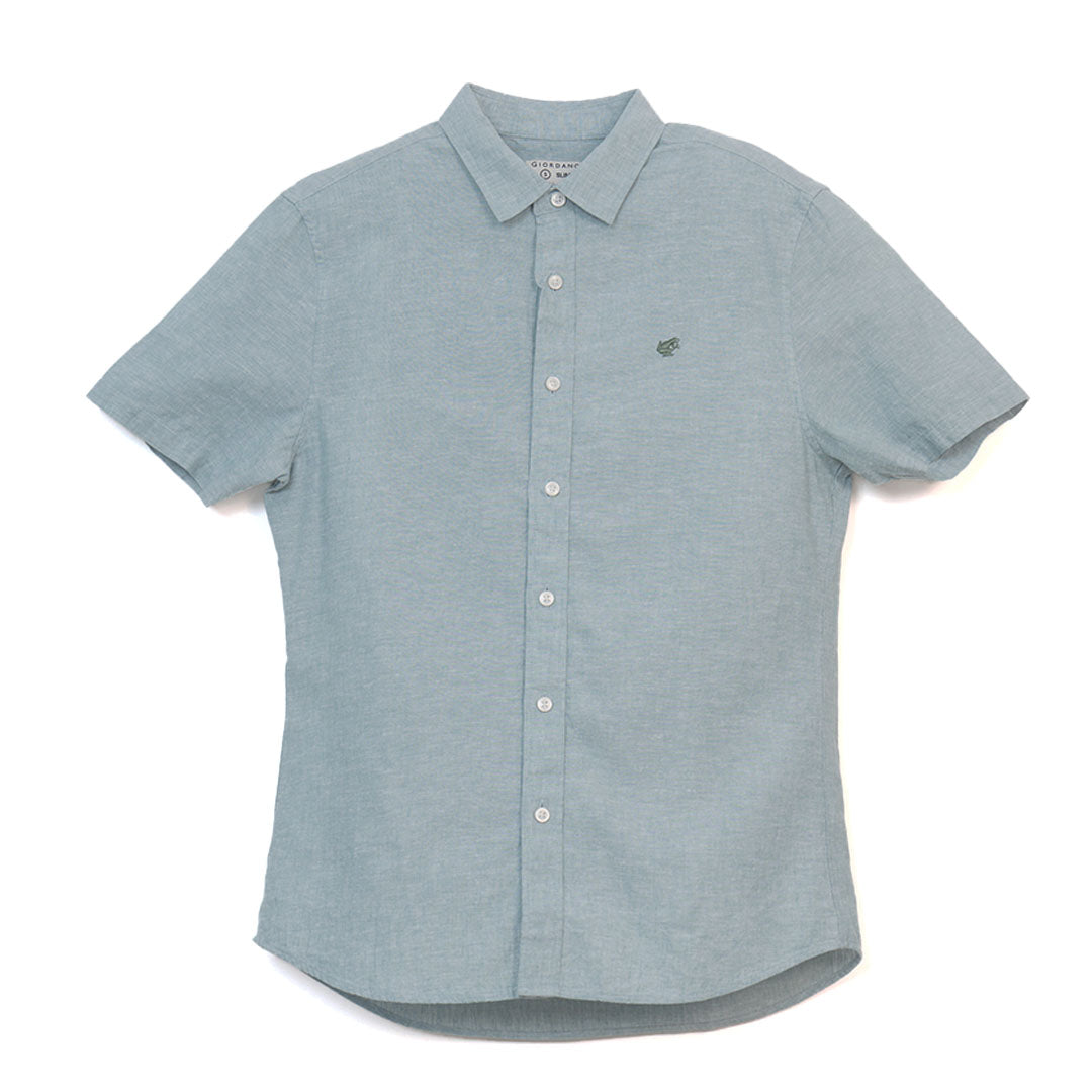 GIORDANO Men's Small Frog Linen Cotton Poplin Short Sleeves Slim Fit Shirt (01046210)
