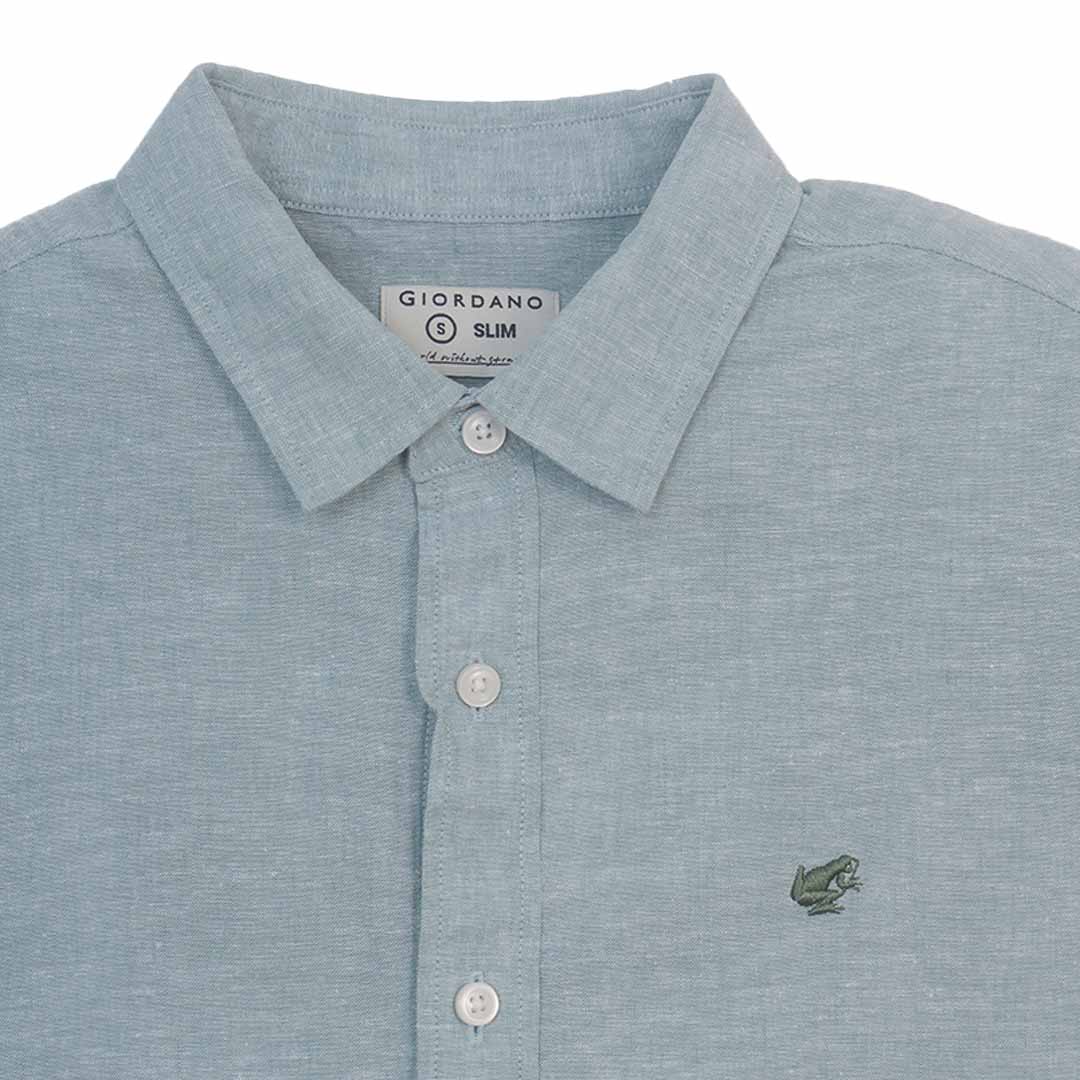 GIORDANO Men's Small Frog Linen Cotton Poplin Short Sleeves Slim Fit Shirt (01046210)