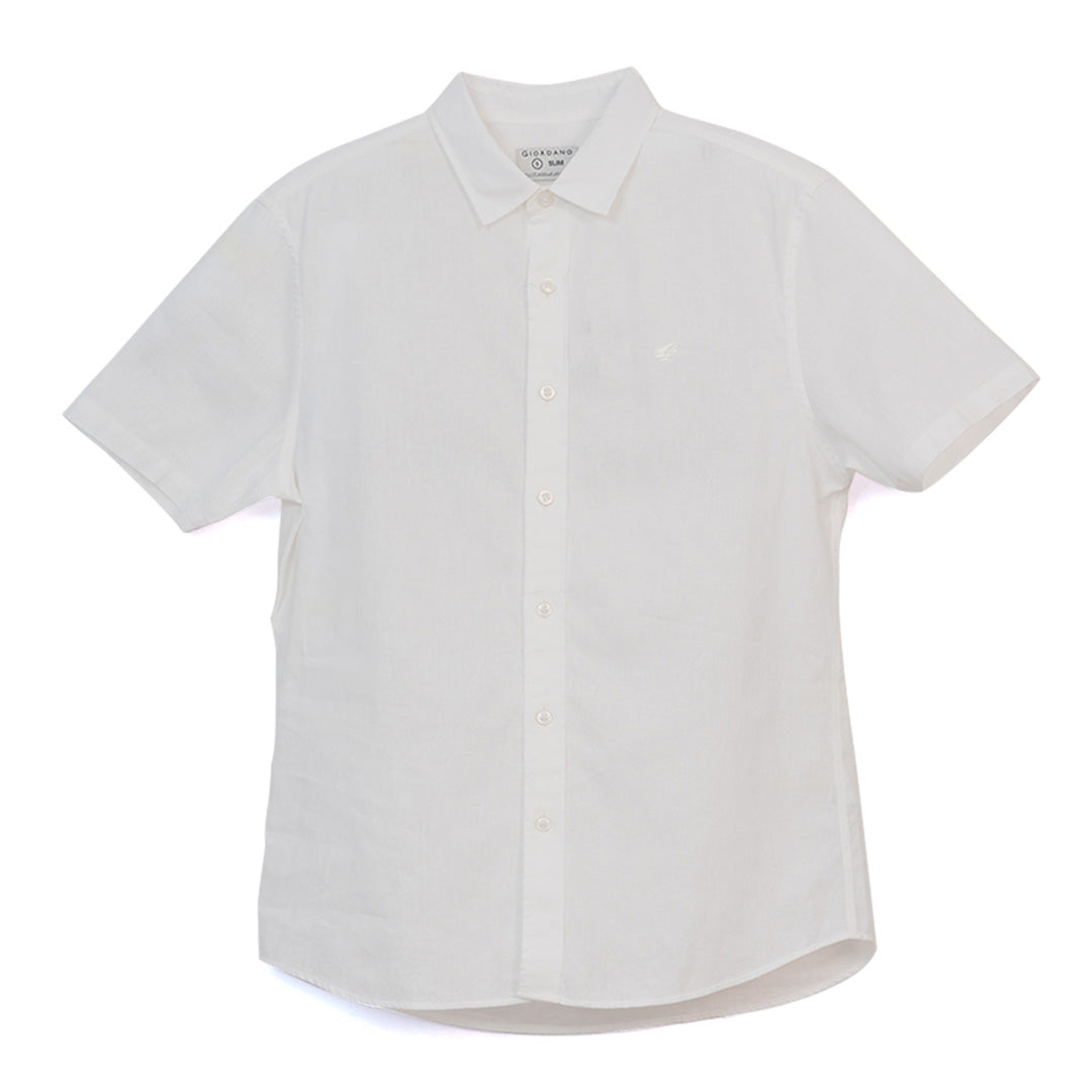 GIORDANO Men's Small Frog Linen Cotton Poplin Short Sleeves Slim Fit Shirt (01046210)