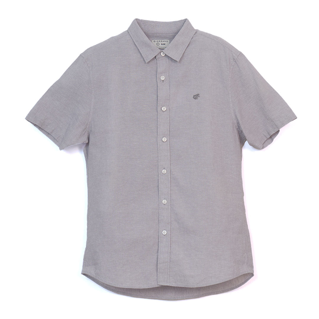 GIORDANO Men's Small Frog Linen Cotton Poplin Short Sleeves Slim Fit Shirt (01046210)
