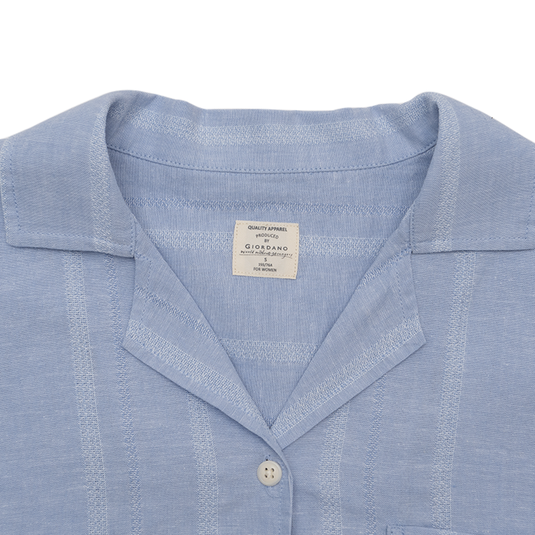 GIORDANO Women's Cotton Linen Notch Collar Short Sleeves Loose Fit Shirt (05345221)
