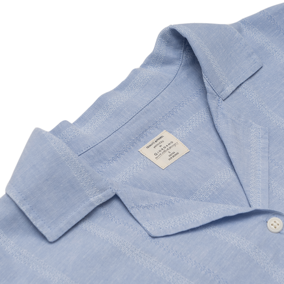 GIORDANO Women's Cotton Linen Notch Collar Short Sleeves Loose Fit Shirt (05345221)
