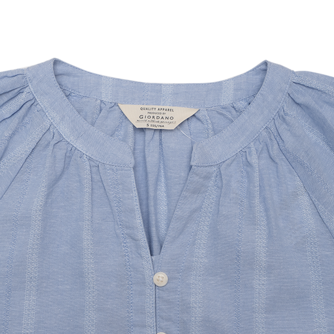 GIORDANO Women's Cotton Linen V-Neck Long Sleeves Loose Fit Half Placket Shirt (05345222)