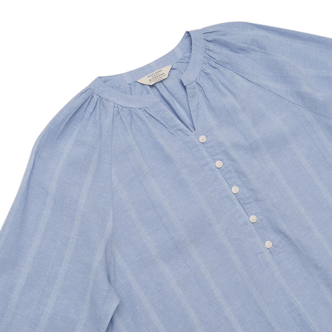 GIORDANO Women's Cotton Linen V-Neck Long Sleeves Loose Fit Half Placket Shirt (05345222)