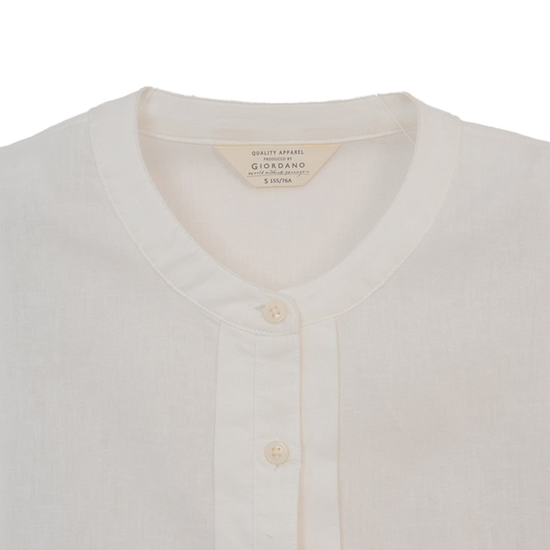 GIORDANO Women's Linen Cotton Poplin Stand Collar Long Sleeves Comfort Fit Shirt (05345201)