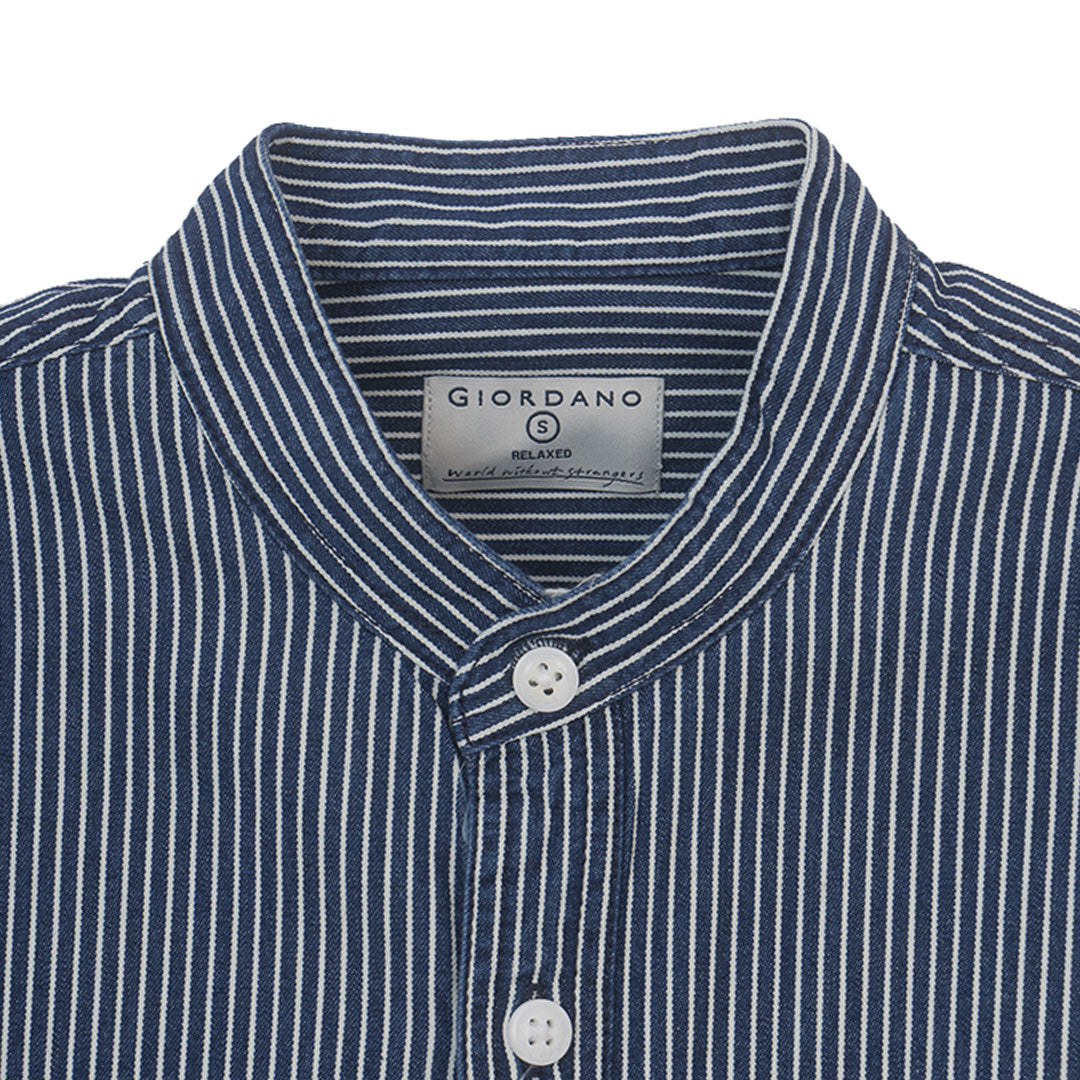 GIORDANO Men's Cotton Denim Band Collar Button Front Relax Fit Garment Wash Shirt (01043020)