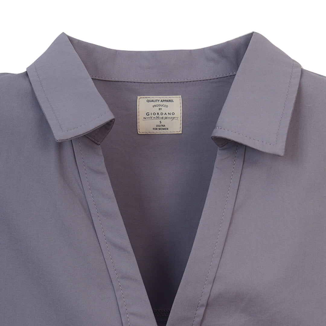GIORDANO Women's Cotton Poplin V-Neck Short Sleeves Regular Fit Shirt (05346486)