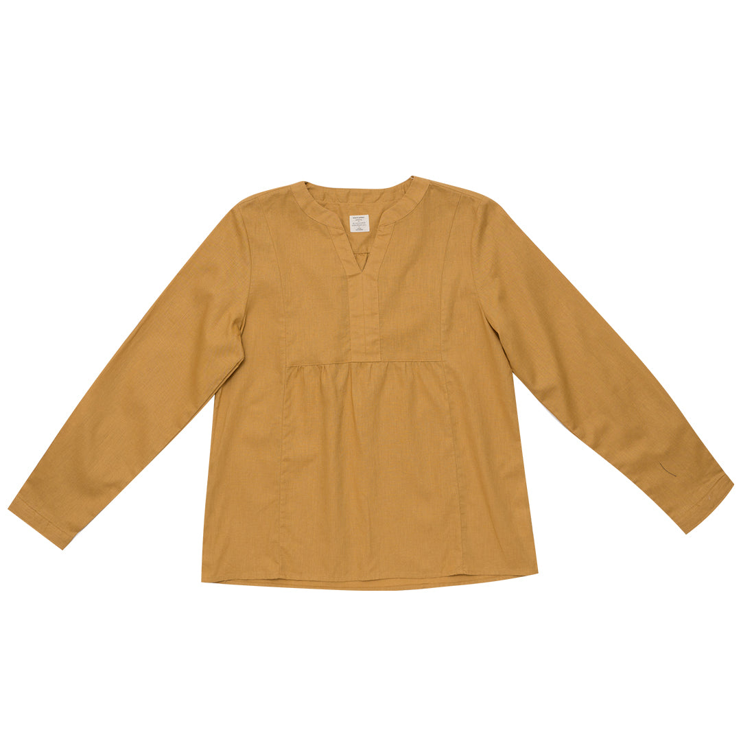 GIORDANO Women's Cotton Linen Mock Neck Boyfriend Shirt (05342212) - 06 - Honey Mustard
