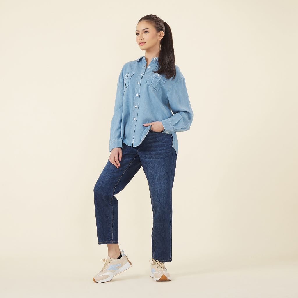 Women's Tencel Denim Long Sleeves Loose Fit Shirt (05344008)-01 Lt Indigo