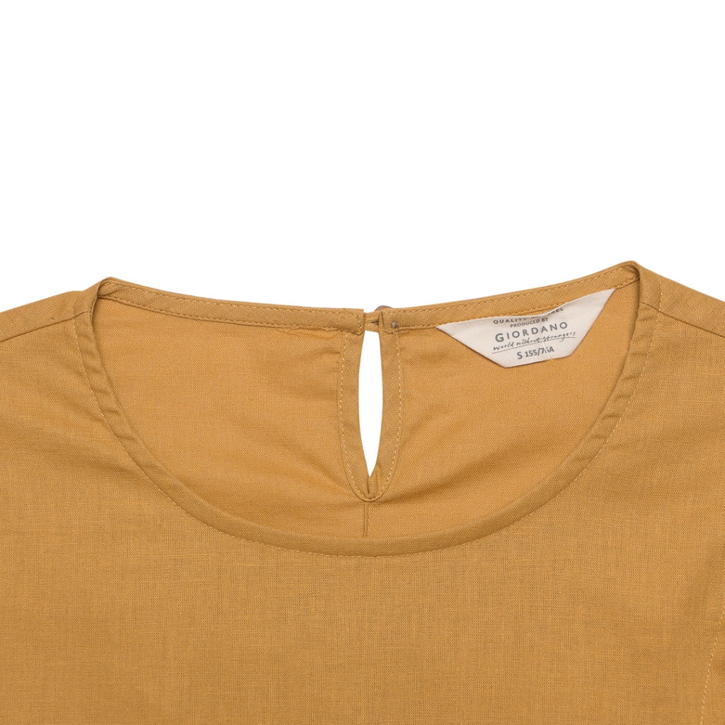 Women's Cotton Linen Poplin Round Neck Lace Shirt (05344202) - 06 - Honey Mustard