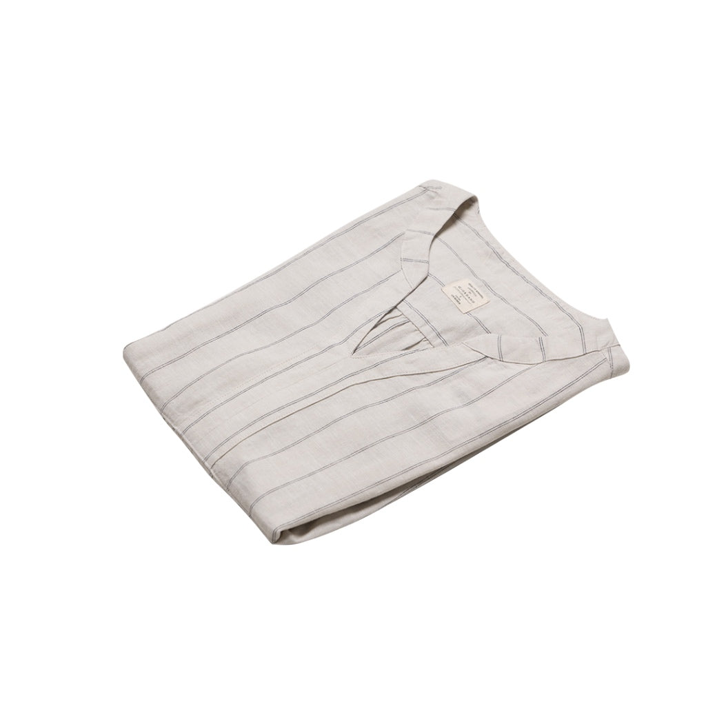 Women's Cotton Linen Mock Neck Boyfriend Shirt (05342212) - 15 - Khaki x White Stripe