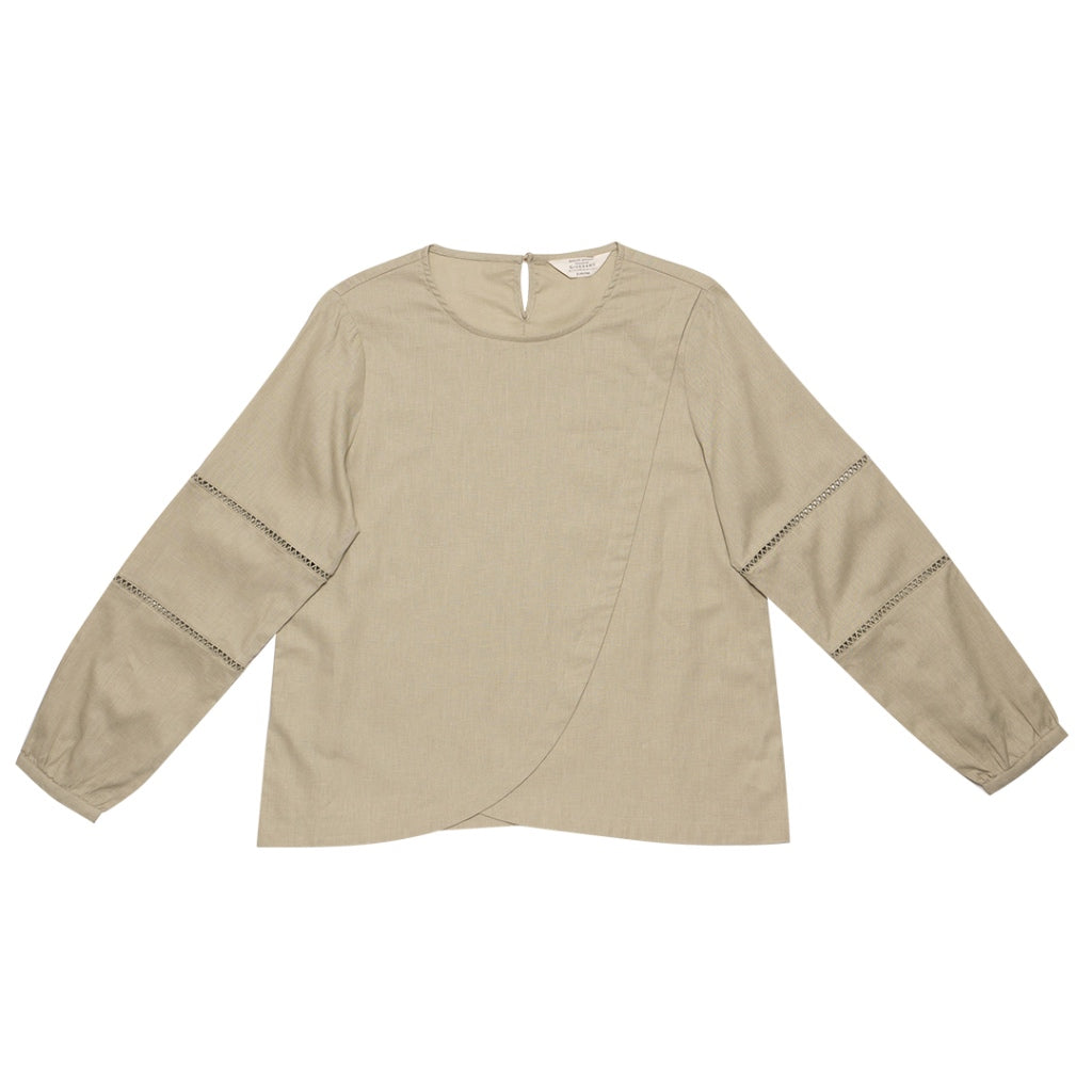 Women's Cotton Linen Poplin Round Neck Lace Shirt  (05344202) - 05 - Elm Green