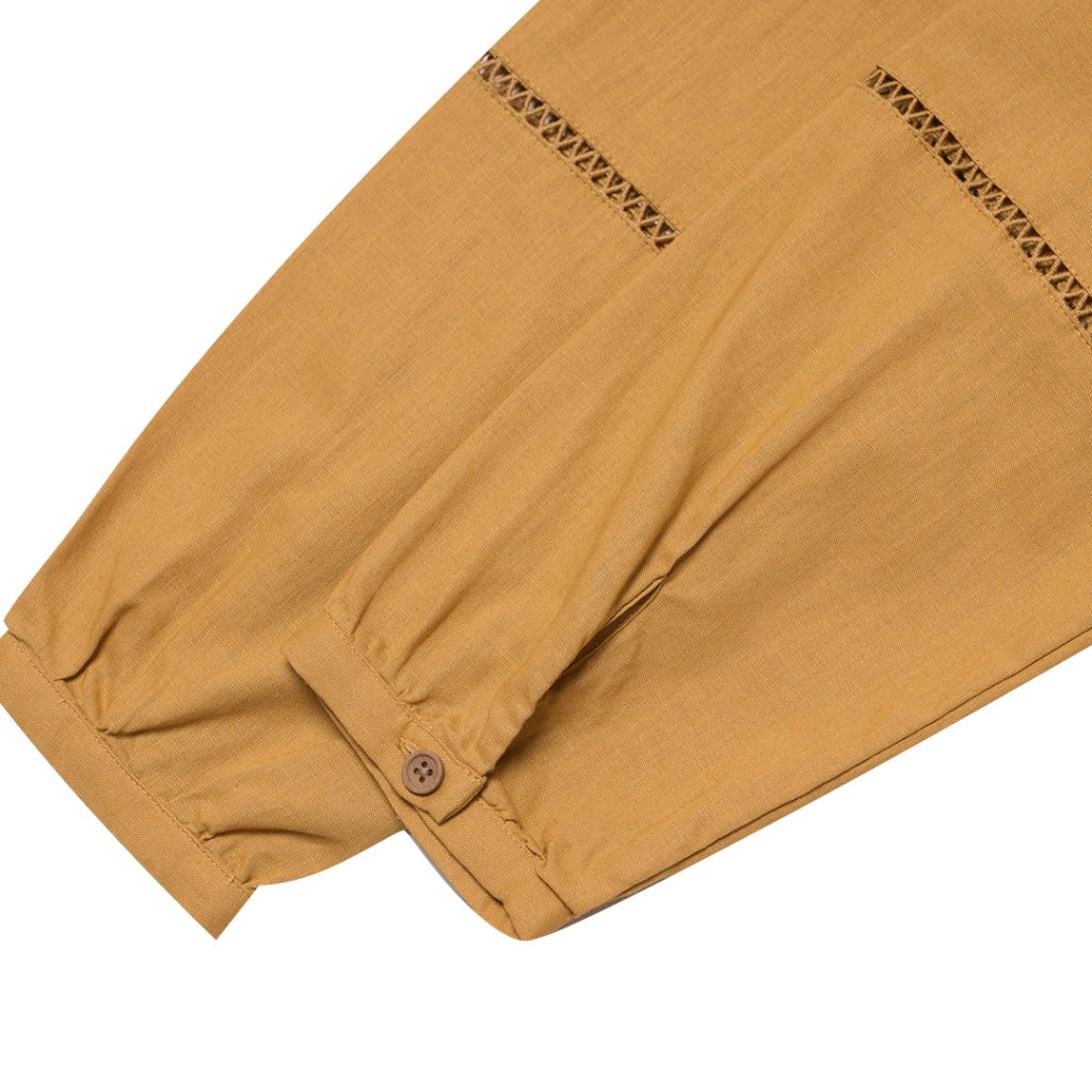 Women's Cotton Linen Poplin Round Neck Lace Shirt (05344202) - 06 - Honey Mustard