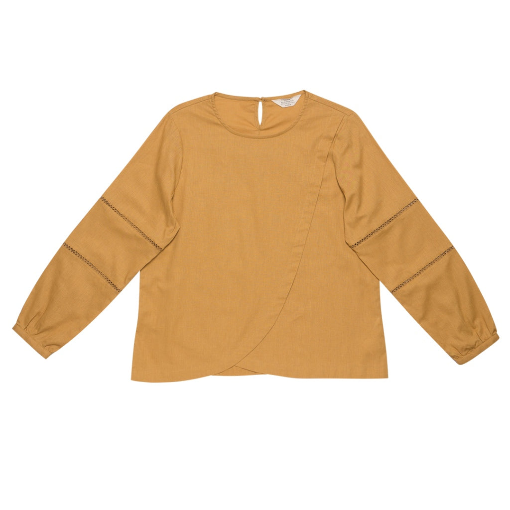 Women's Cotton Linen Poplin Round Neck Lace Shirt (05344202) - 06 - Honey Mustard