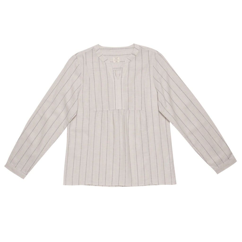 Women's Cotton Linen Mock Neck Boyfriend Shirt (05342212) - 15 - Khaki x White Stripe