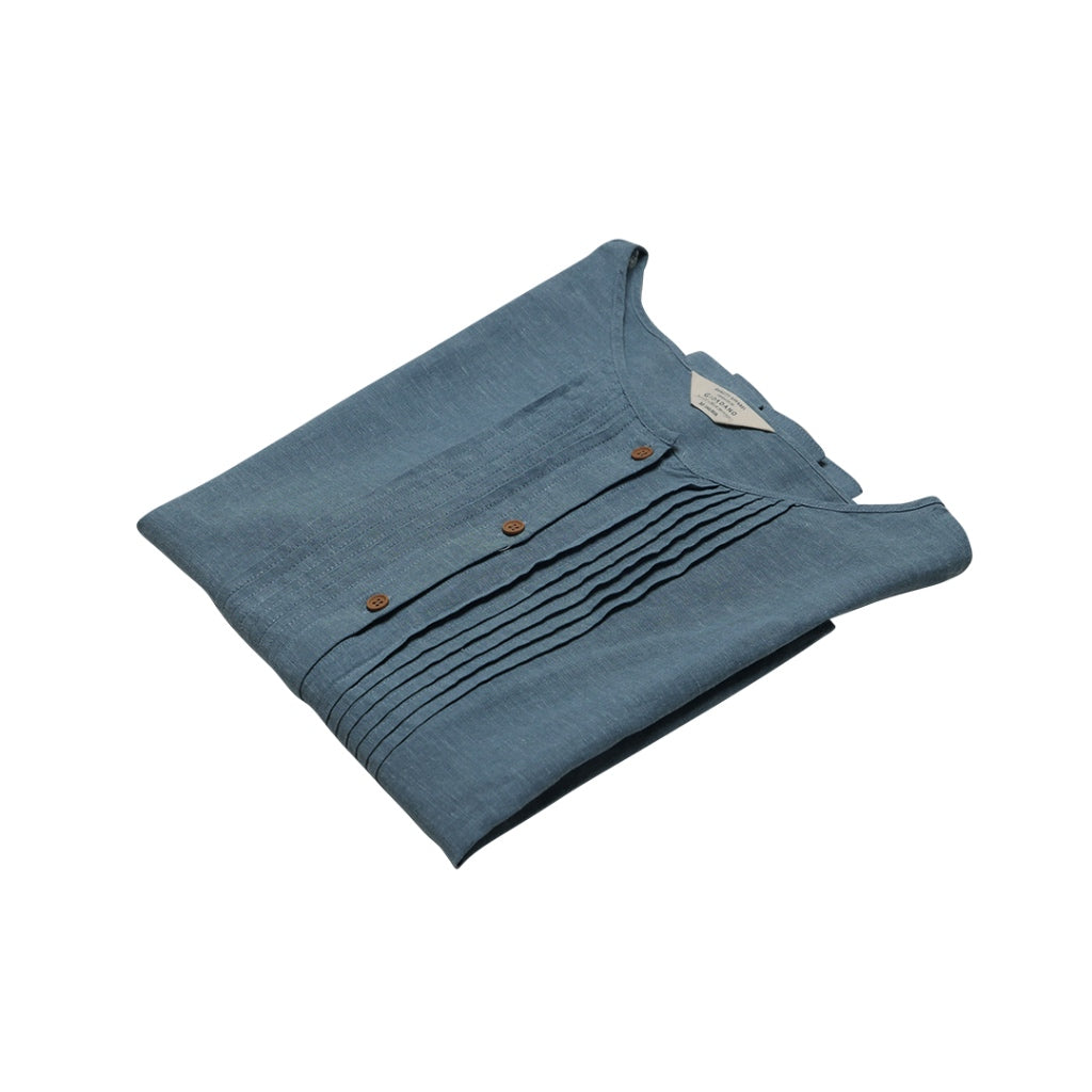 Women's Cotton Linen Long Sleeves Pleated Shirt (05344205) - 09 - Petrol Blue