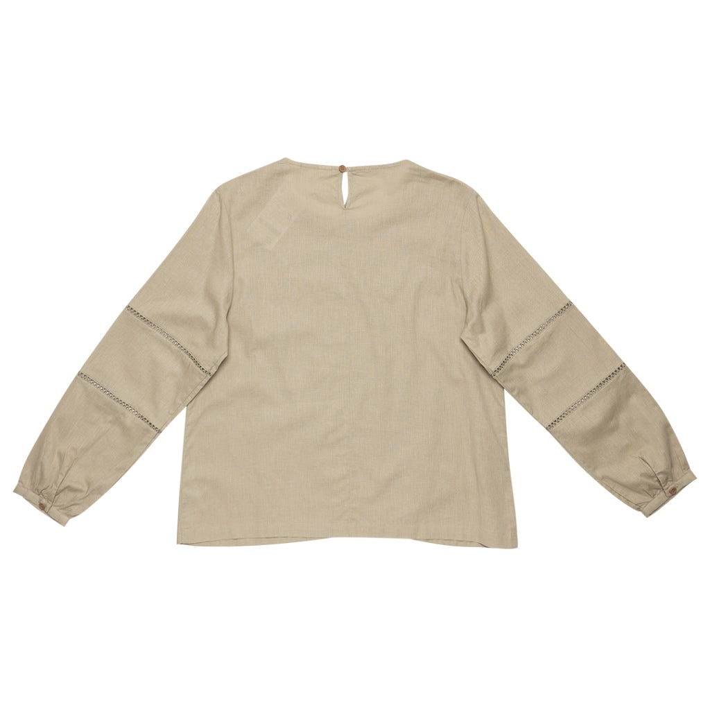 Women's Cotton Linen Poplin Round Neck Lace Shirt  (05344202) - 05 - Elm Green
