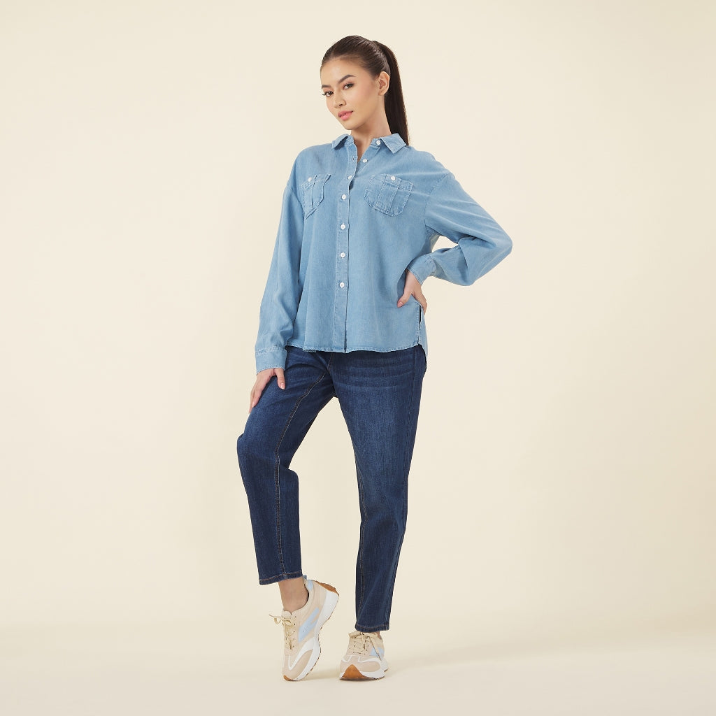 Women's Tencel Denim Long Sleeves Loose Fit Shirt (05344008)-01 Lt Indigo