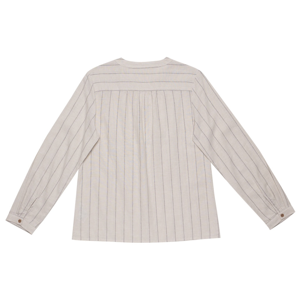 Women's Cotton Linen Mock Neck Boyfriend Shirt (05342212) - 15 - Khaki x White Stripe