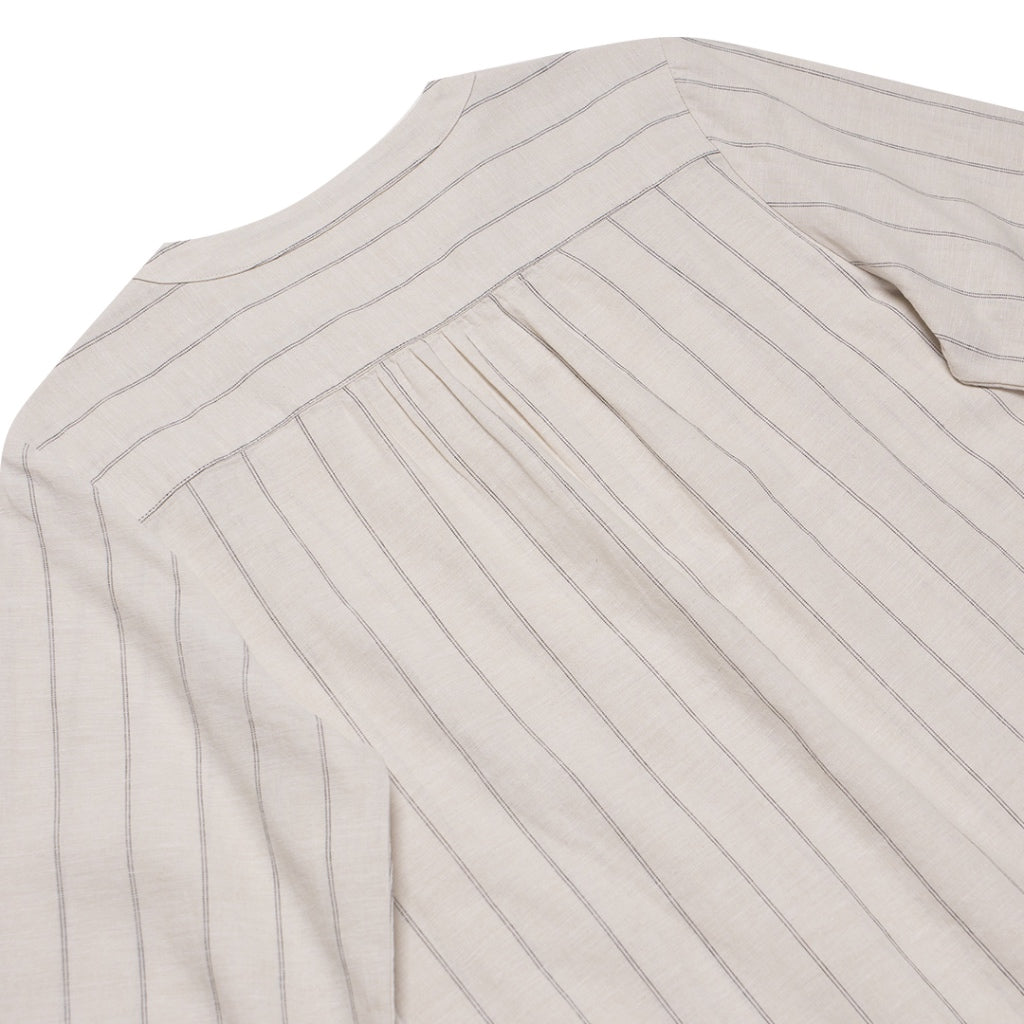Women's Cotton Linen Mock Neck Boyfriend Shirt (05342212) - 15 - Khaki x White Stripe