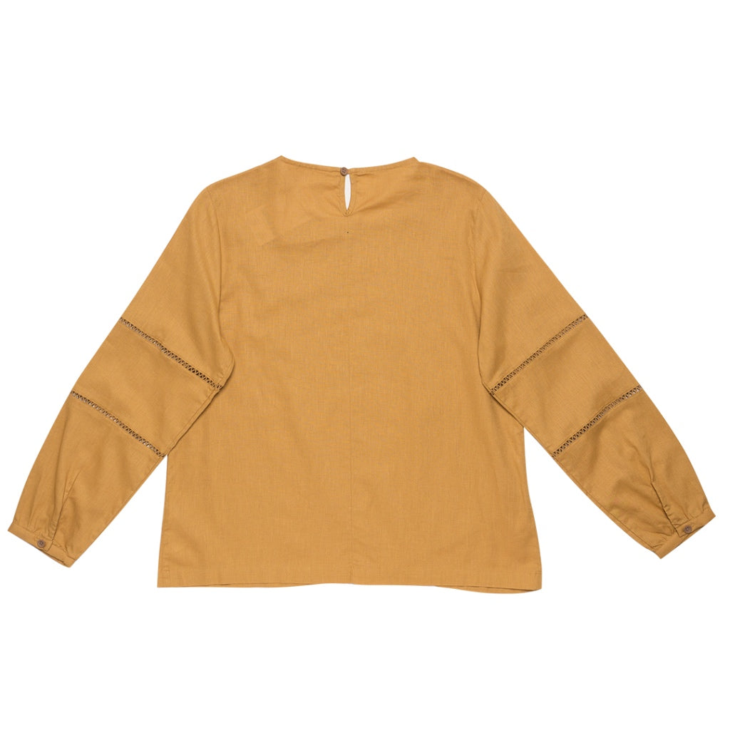 Women's Cotton Linen Poplin Round Neck Lace Shirt (05344202) - 06 - Honey Mustard