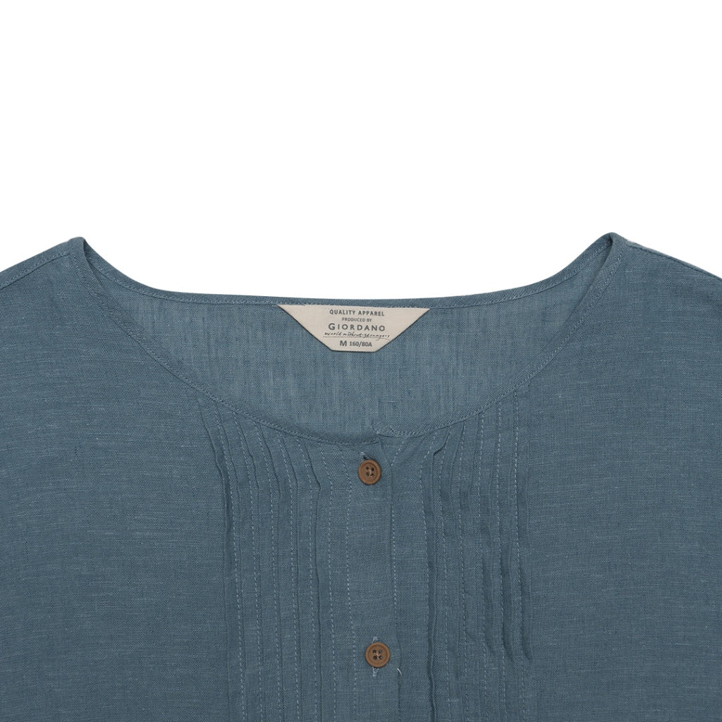 Women's Cotton Linen Long Sleeves Pleated Shirt (05344205) - 09 - Petrol Blue