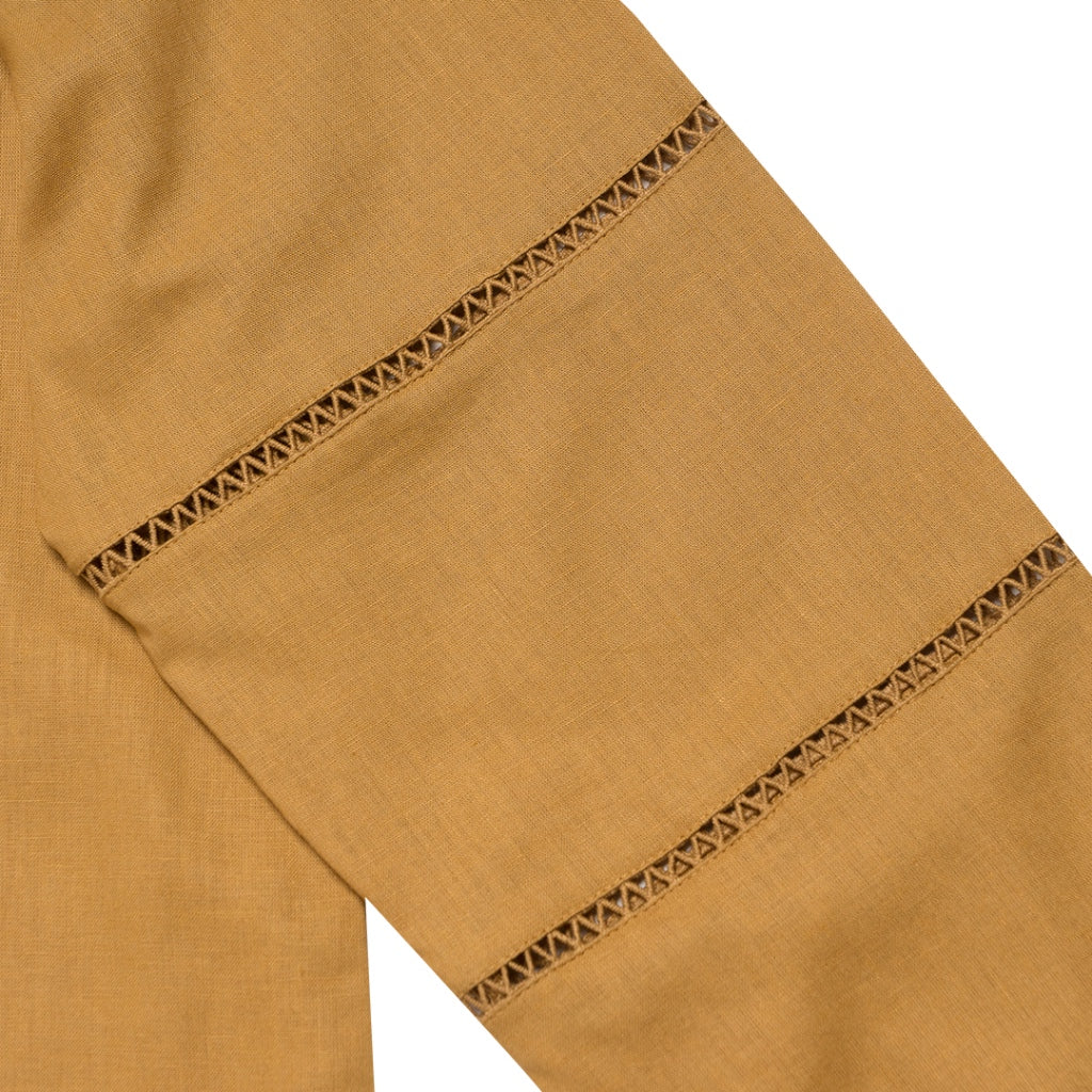 Women's Cotton Linen Poplin Round Neck Lace Shirt (05344202) - 06 - Honey Mustard