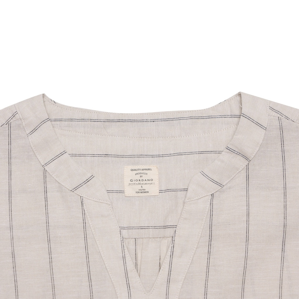 Women's Cotton Linen Mock Neck Boyfriend Shirt (05342212) - 15 - Khaki x White Stripe