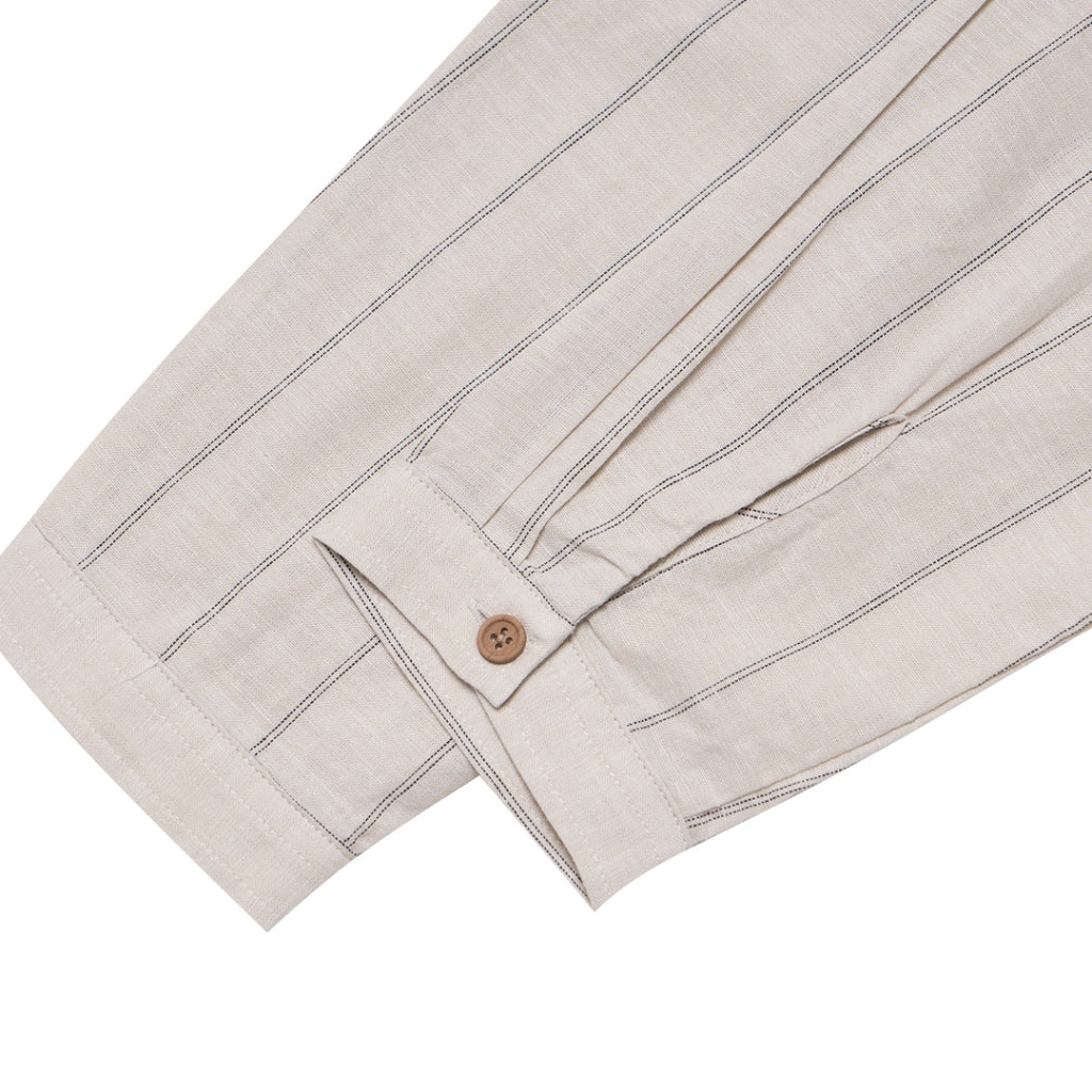 Women's Cotton Linen Mock Neck Boyfriend Shirt (05342212) - 15 - Khaki x White Stripe