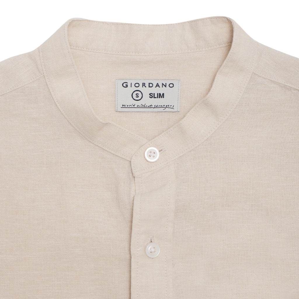 GIORDANO Men's Linen Cotton Poplin Stand Collar Short Sleeves Shirt (01045204)