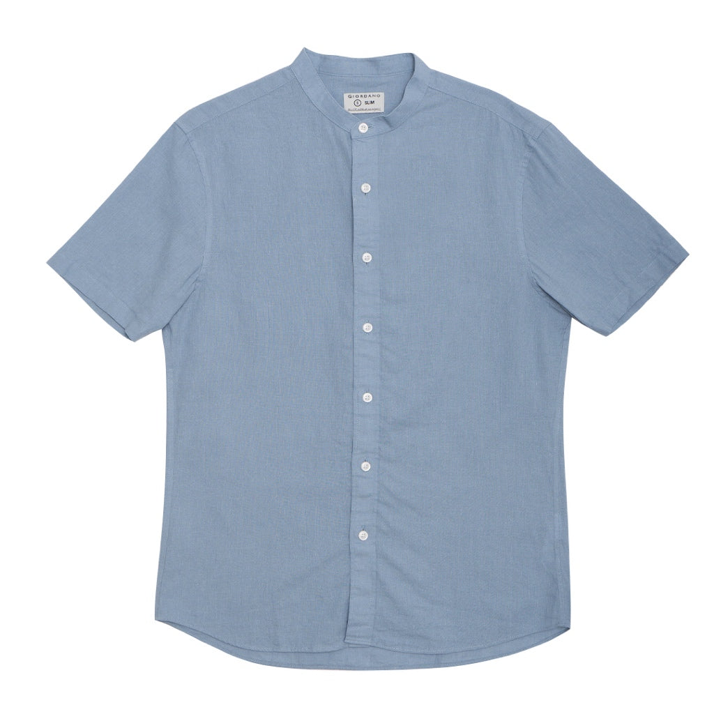 GIORDANO Men's Linen Cotton Poplin Stand Collar Short Sleeves Shirt (01045204)