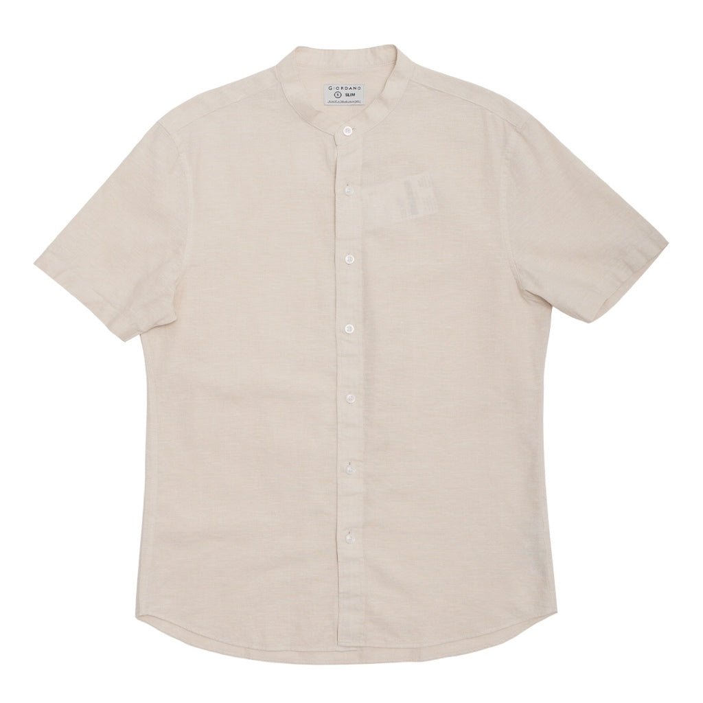 GIORDANO Men's Linen Cotton Poplin Stand Collar Short Sleeves Shirt (01045204)