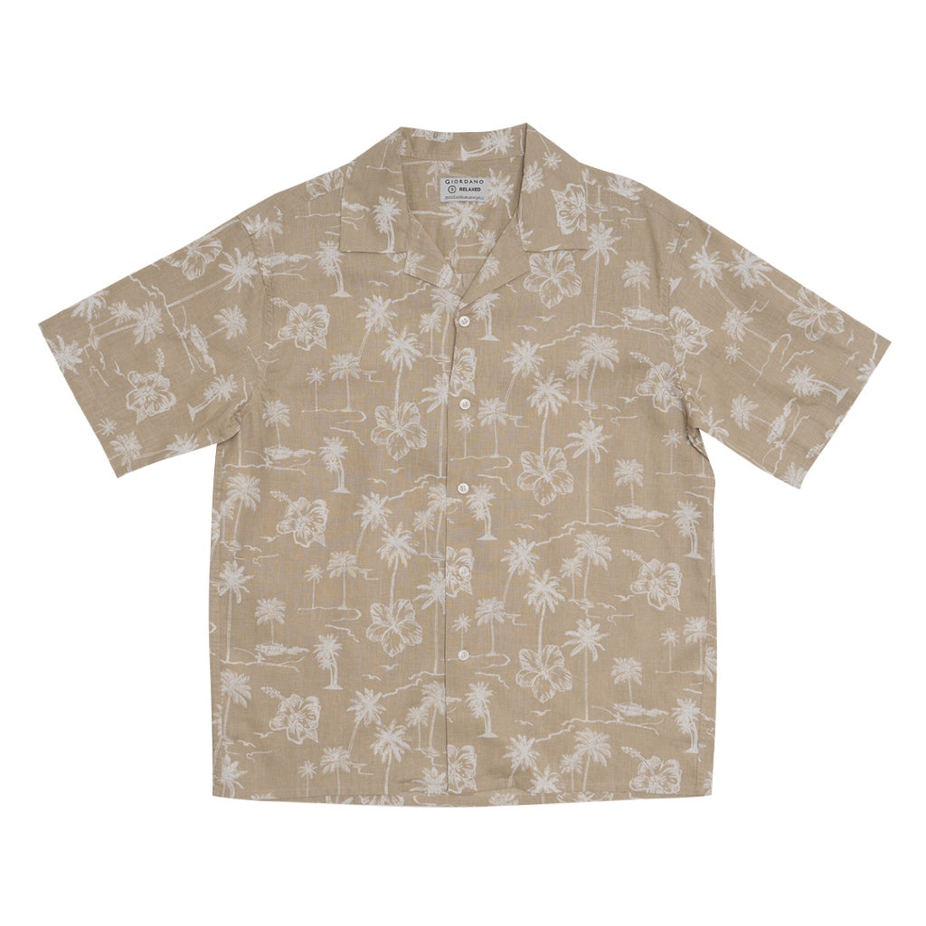GIORDANO Men's Linen Cotton Poplin Short Sleeves All Over Print Shirt (01045206)