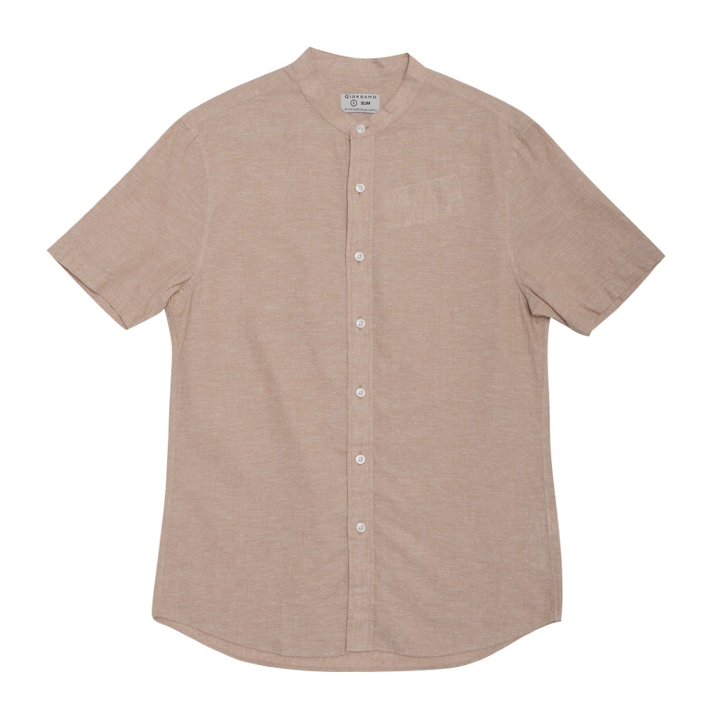 GIORDANO Men's Linen Cotton Poplin Stand Collar Short Sleeves Shirt (01045204)