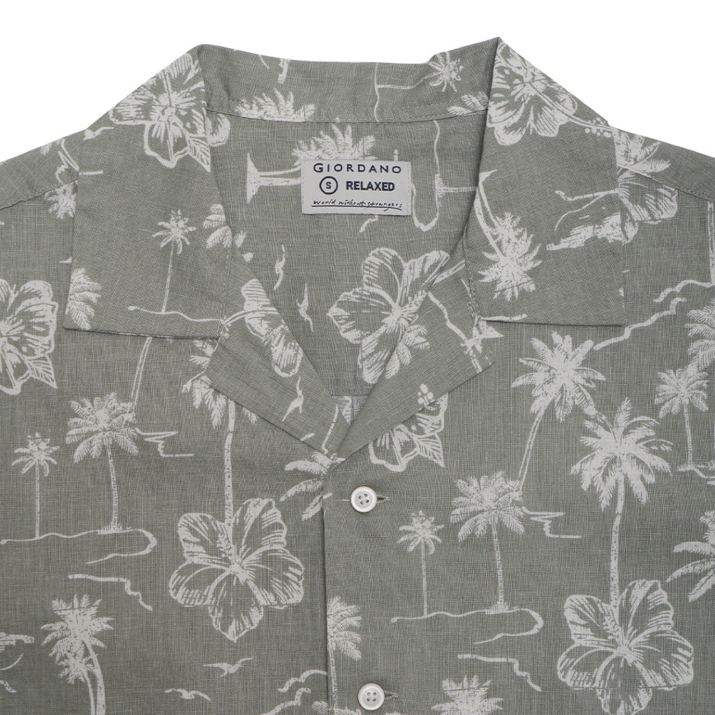GIORDANO Men's Linen Cotton Poplin Short Sleeves All Over Print Shirt (01045206)